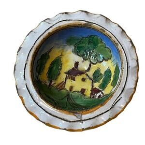 Small hand made Italy decorative bowl‎ hand painted glazed house in the woods